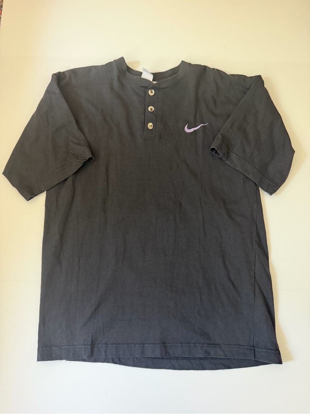 Y2K Nike Black Short-Sleeve Henley with Purple Swoosh (Made in USA)